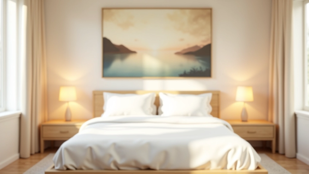 Dormitorio principal con cama de madera clara, dos mesitas de noche, y una pintura paisajística grande en tonos suaves sobre la cabecera