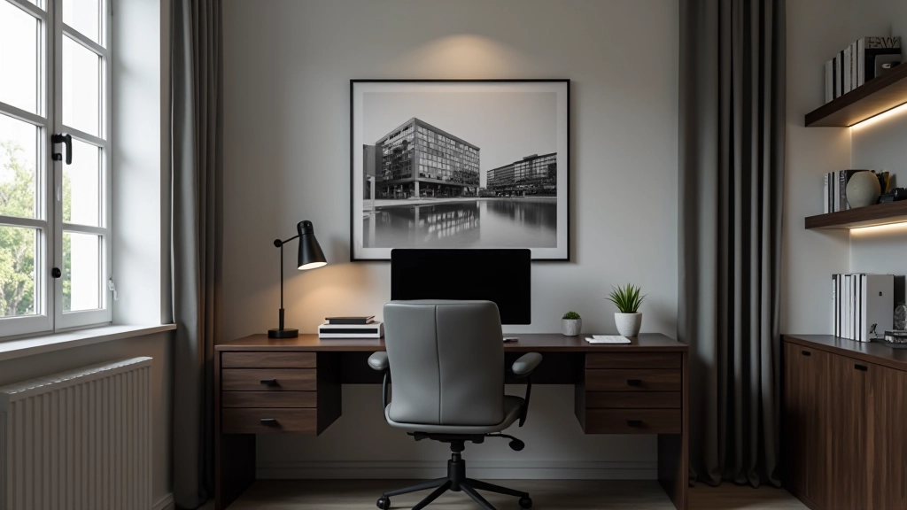 Oficina en casa con escritorio de madera oscura, silla de trabajo gris, y una fotografía en blanco y negro de arquitectura moderna en la pared