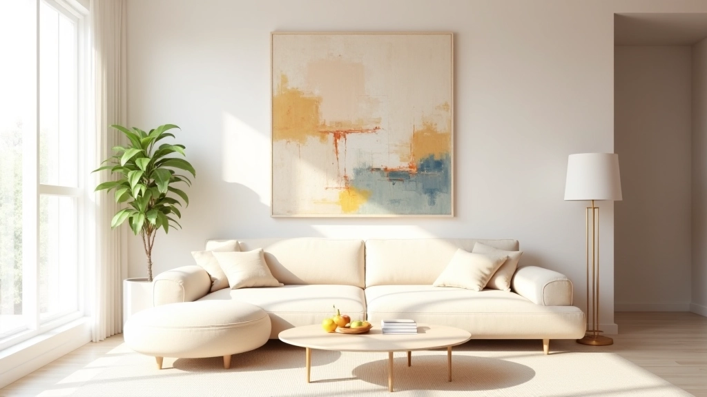 Sala moderna con cuadro grande como punto focal encima de sofá beige, luz de ventana iluminando el espacio