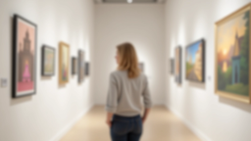 Mujer eligiendo entre diferentes cuadros y obras de arte en una galería iluminada con luz natural